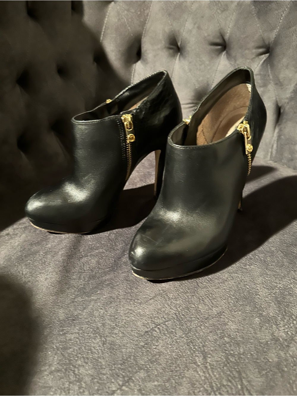 Michael Kors Black Leather York High-Heel Ankle Booties with Gold Zipper Accents